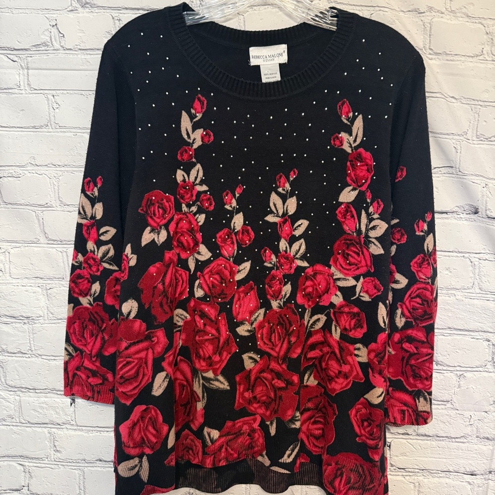 Rebecca Malone Woman 1X Black Red Rose Rhinestone Sweater Floral Knit Top